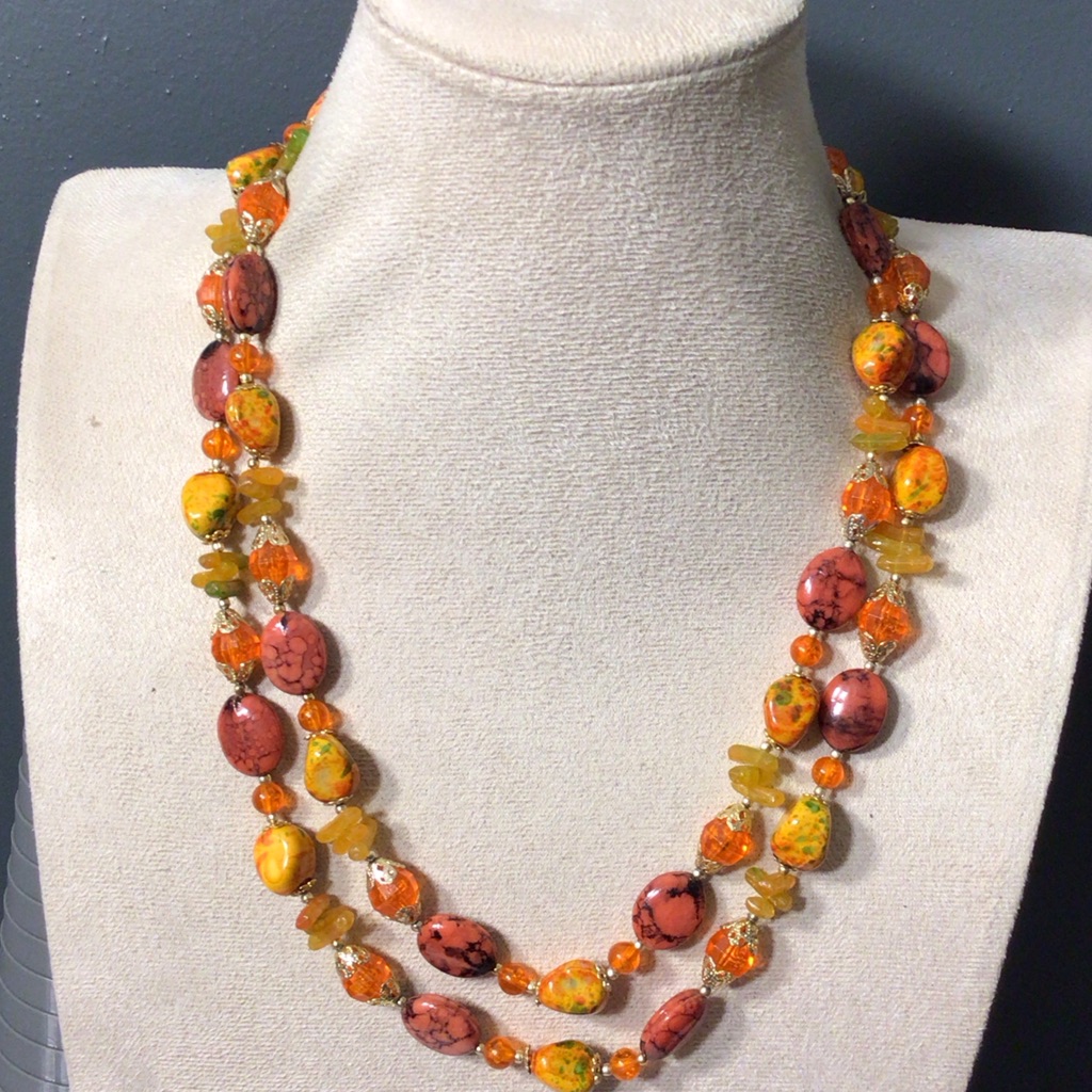 Vibrant Orange And Yellow Vintage Beaded Hong Kong Double Strand Necklace